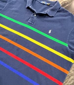 Polo Ralph Lauren Mens 3XB Big Tall Navy Rainbow Stripe Pony Preppy Cotton Shirt